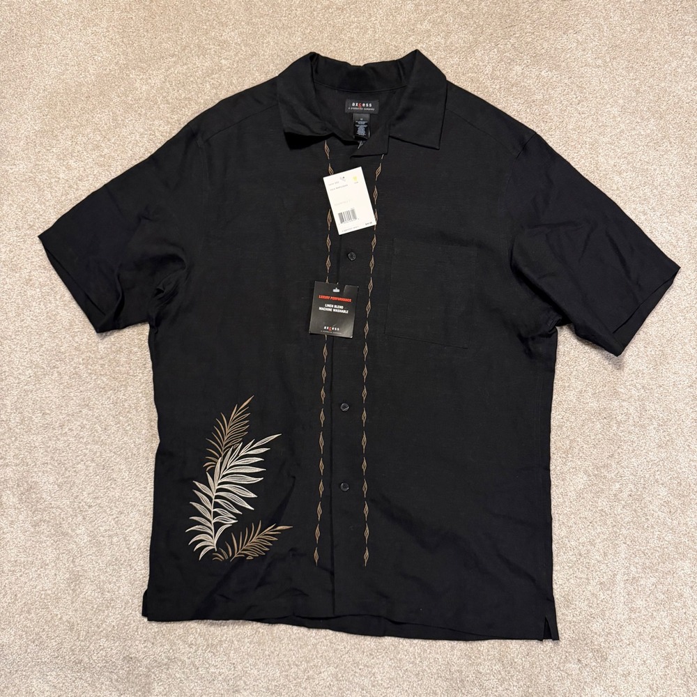 Linen Blend Button Down Shirt Axcess Mens M Black Embroidered Tropical NWT New